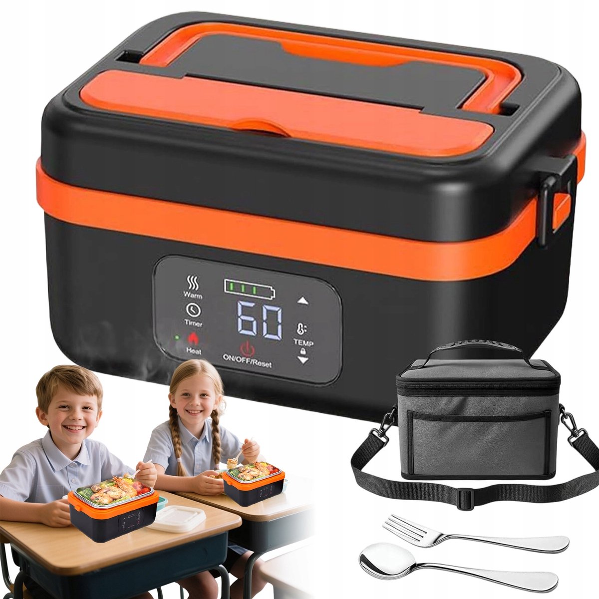 Elektrische Lunchbox - Verwarmde Bento Box - Thermos Lunchbox - 1000 ml - 60W Snel Verwarmend - 6 Temperatuurstanden - Voorverwarmen - ook Powerbank - met Isolatietas - Draagbare Broodtrommel - Voor Kantoor & School & Auto - Zwart en Oranje