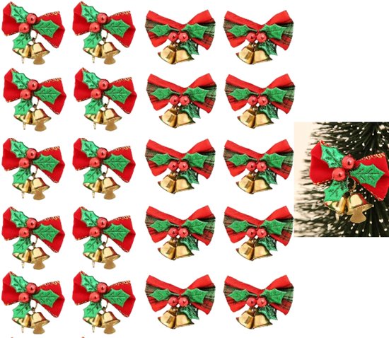 20 stuks - Mini kerststrikjes - Kleine strikjes - Kerstboomversiering - DIY kerstaccessoires - Strikjes en belletjes - Groen, rood - 4,46*4,56 cm - Met belletjes - Geschikt voor cadeaus, kransen en cadeauverpakkingen