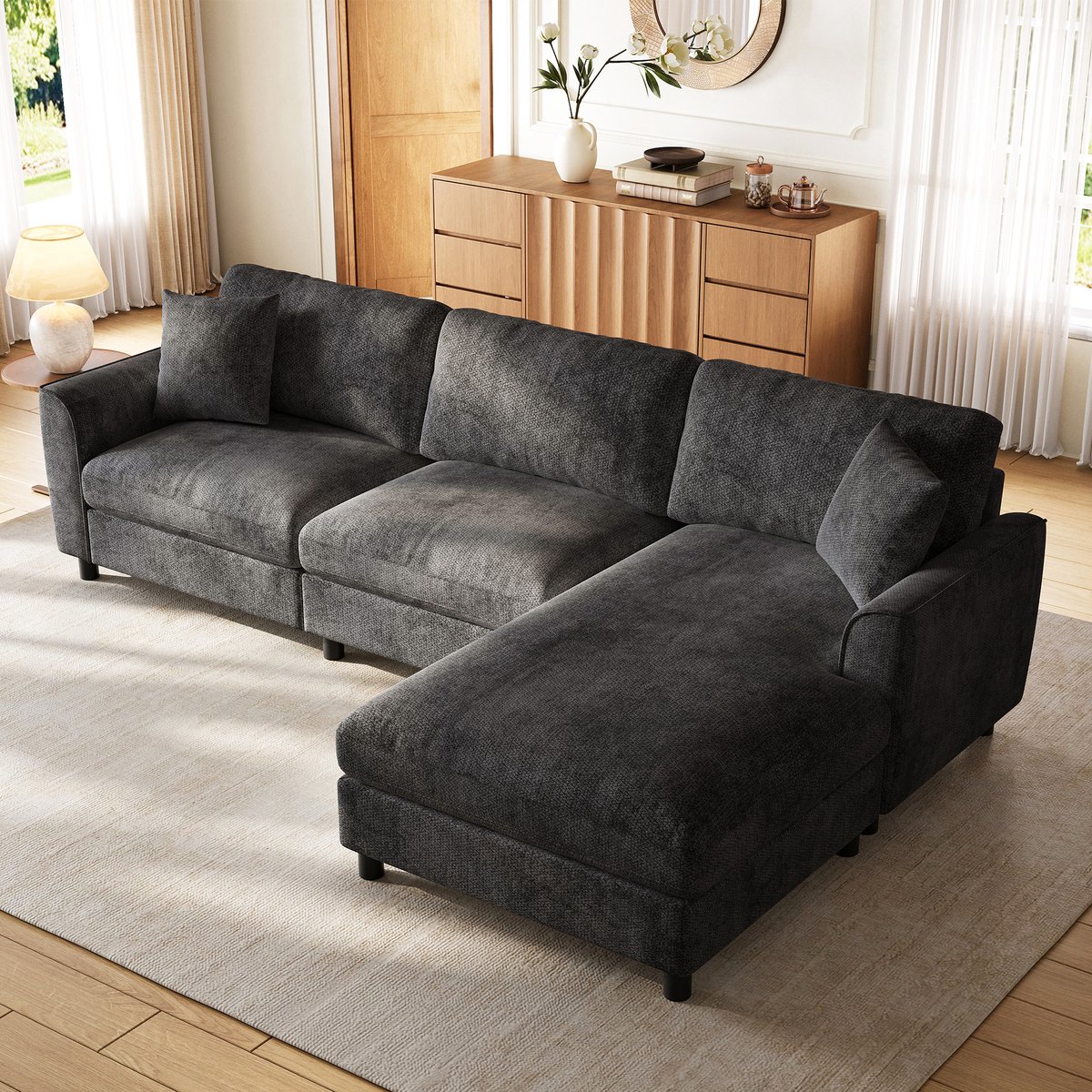 OKWISH Hoekbank 3-Zits 256 X 137 X 79 Cm - Omkeerbare Chaise Longue Met 90 Cm Liggedeelte - Voor Woonkamer - Chenille - Grijs