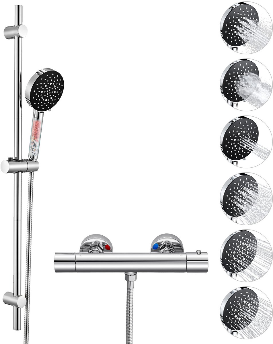 Auralum Max Glijstangset met Thermostaatkraan - Douchekop met 4 Filters - 90 cm Glijstang Doucheset - 6 Standen Handdouche - Hoge Druk - Anti-Kalk Douchekop - Doucheslang 150 cm - Complete Glijstangset - Waterbesparend - Chroom&Zwart