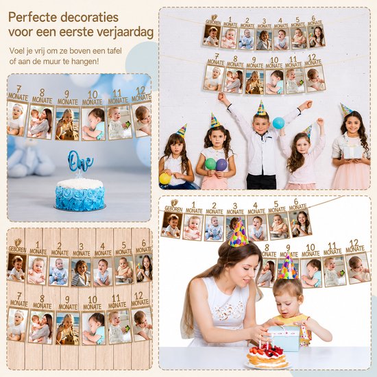 Kaiyaya - Fotoslinger set 13 stuks - Foto's ophangen, herinneringen bewaren - Karton fotolijst - Baby, Eerste verjaardag - Eerste verjaardag decoratie, baby feestdecoratie - Bruin, 13 fotokaarten — afbeelding 5