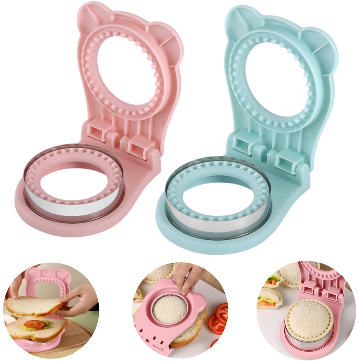2 stuks Sandwich afsluiters - Brood snijvorm - Toast maker - Sandwich sealtool - Sandwichsnijder zonder randen - Ronde snede - Voor het maken van sandwiches, belegde broodjes, toast (12,5*4 cm - blauw, roze)