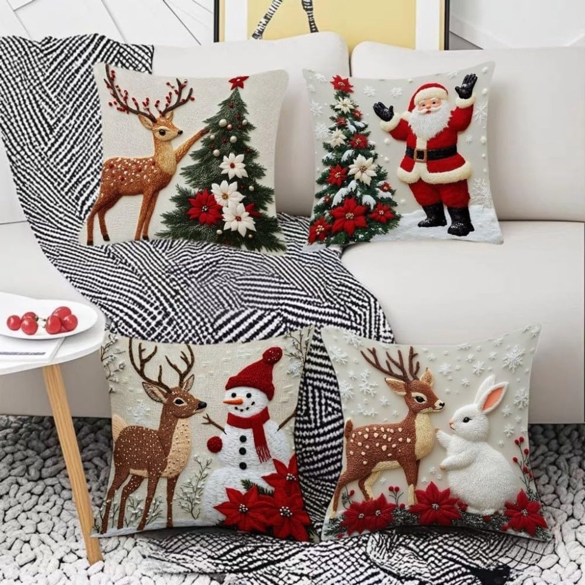 4 stuks kerst kussenslopen 45x45 cm - Linnen kussenslopen - Met kerst decoratie van rendier, sneeuwpop en dennenboom - Kerst huisdecoratie - Geschikt voor woonkamer bank – foto 3