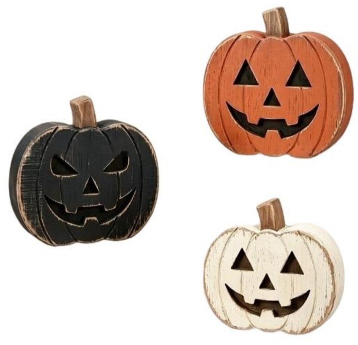 Halloween-tafeldecoratie – 3-delige set – 13 x 13 cm – Pompoenornamenten – Houten pompoendecoratie – Decoratie voor tafel en interieur (o.a. Thanksgiving) – Houten Halloween-ornamenten – Geschikt voor schoorsteenmantels of planken