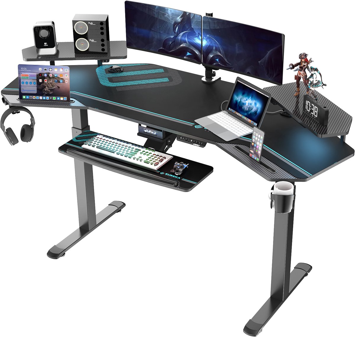LAPAMAX bureau voor gaming en thuiswerken - elektrisch zit-sta bureau met dubbel motorsysteem - vleugelvormig gamingbureau met werkblad van 182 x 76 cm - hoogte 75 tot 122 cm - monitorplank met ledlicht en verstelbare toetsenbordlade