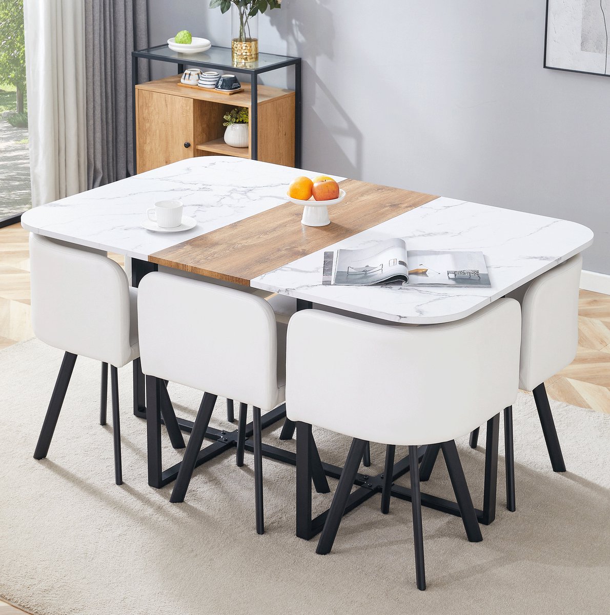 Set Tafel En Stoelen Uitschuifbare Eettafel Met 6 Stoelen Wit En Zwart Metalen Frame Houtlook Blad 150x100x79 Cm