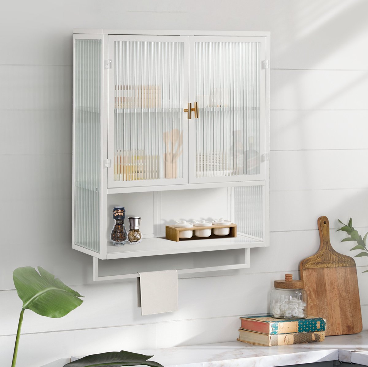 Wandkast Met Glazen Deuren - Twee Deuren Met Open Plank En Handdoekrek - Voor Badkamer En Hal - Glas En Metaal - 60x23x78 Cm - Wit