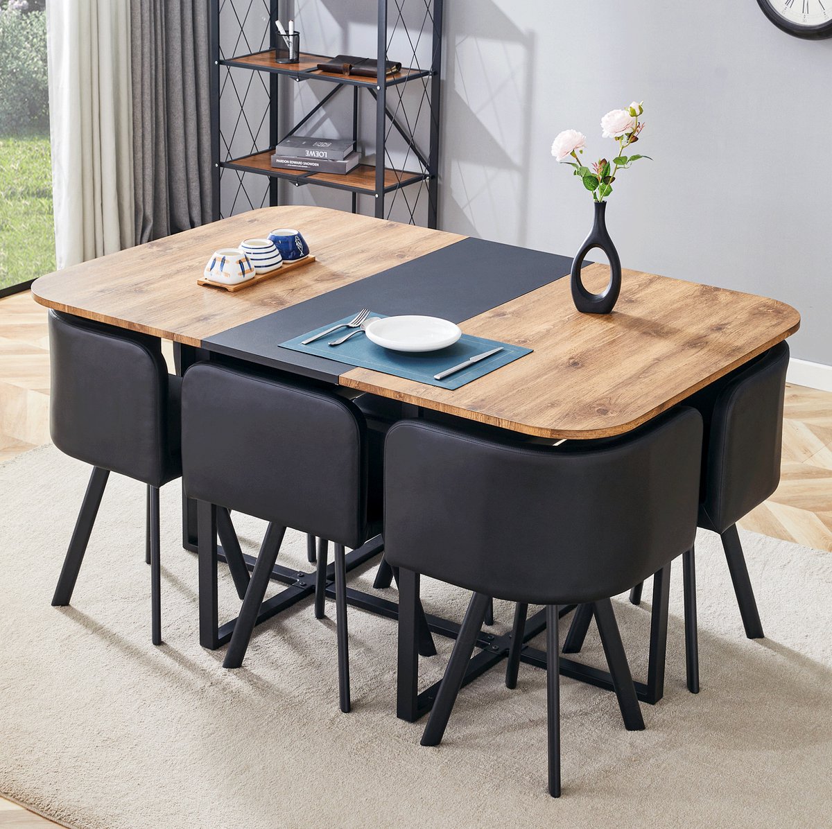 Uitschuifbare Eettafelset - 1 Tafel Met 6 Stoelen - Houtlook En Zwart Metalen Onderstel - Voor 4 Tot 6 Personen - 150x100x79 Cm