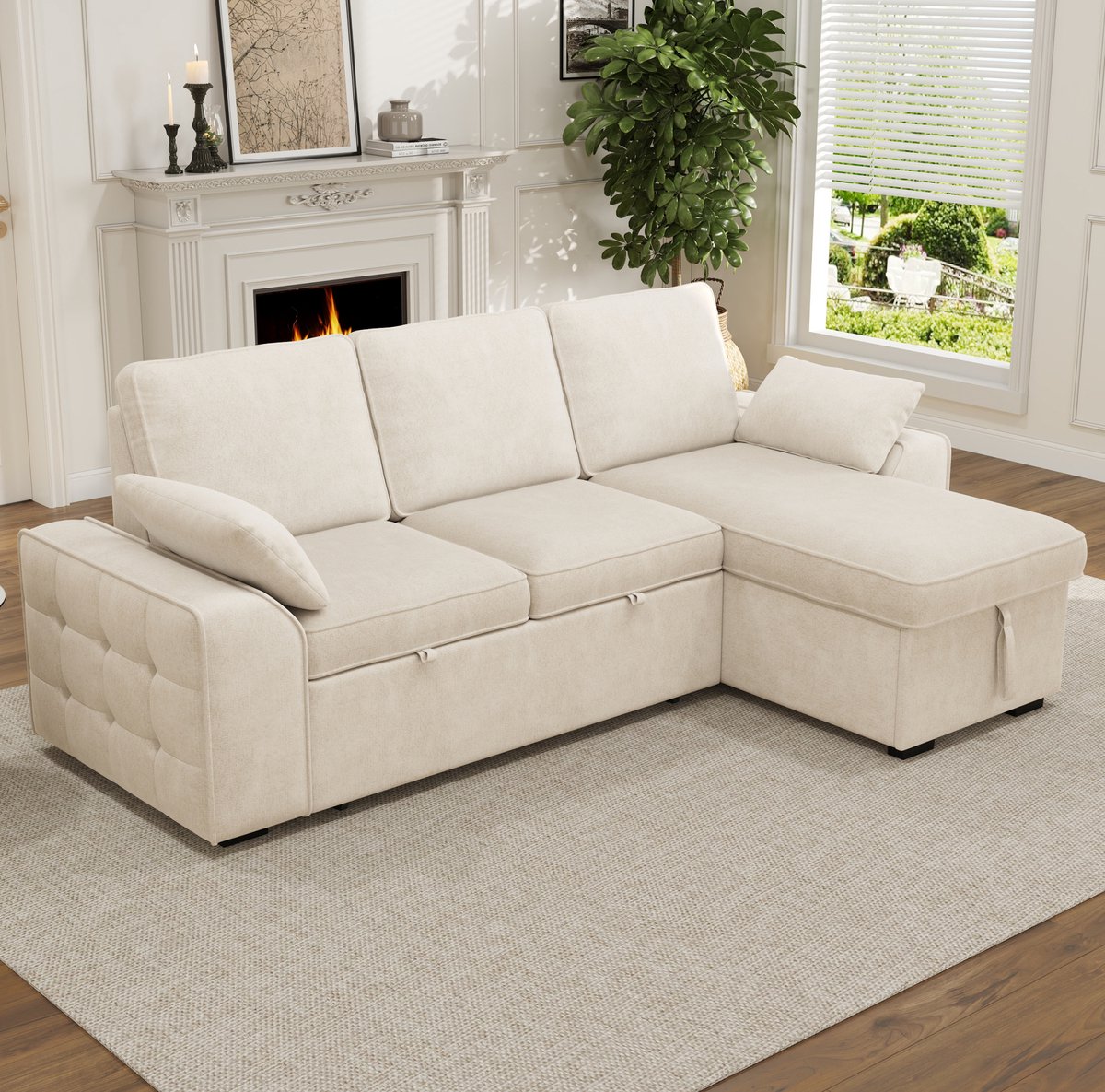 Hoekbank 3-Zits - Slaapbank Met Opbergruimte, Bekerhouders En USB-Laadpoort - Voor Woonkamer - Chenille - Beige