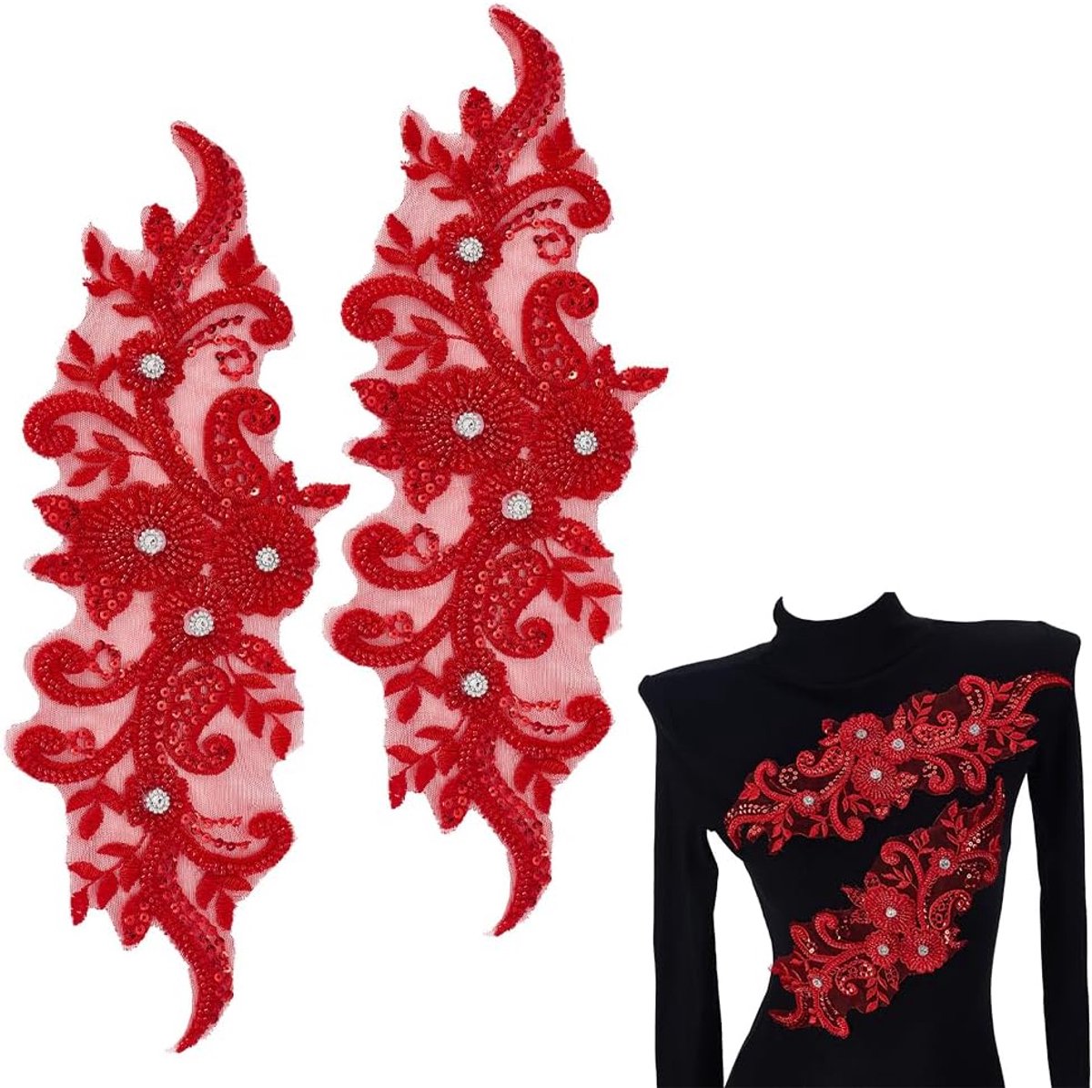 Bloem Patches 2-stuks - Rode Bloem Lint - 3D Strass en Pailletten - Perfect voor DIY Kleding - ShopVlot