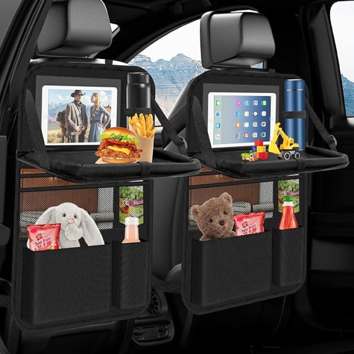 2 Stuks Auto-Organizer voor Achterbank, Multifunctioneel, Waterdicht, met Klaptafel en 9 Vakken, Rugleuningbeschermer voor Auto's en SUV's