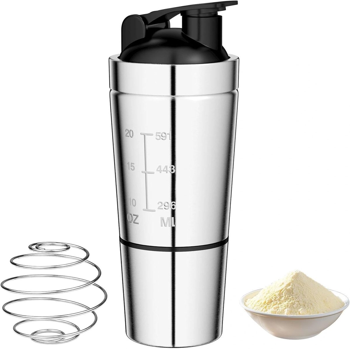 Eiwitshaker - Roestvrij Staal - 600 + 200 ml - Met Poedervak - Voor Sport en Fitness