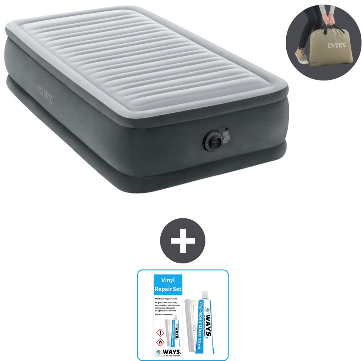 Intex Luchtbed - 1-Persoons - 99 x 191 x 46 cm - Grijs - Inclusief pomp - Reparatieset