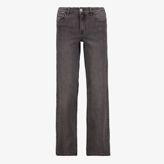 Donkergrijze wide leg jeans met rechte pijpen, getoond op een witte achtergrond.
