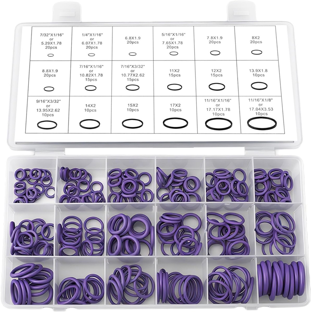 Nitril O-ring assortiment 270 stuks in 18 maten, O-ringen assortiment (paars) - ShopVlot