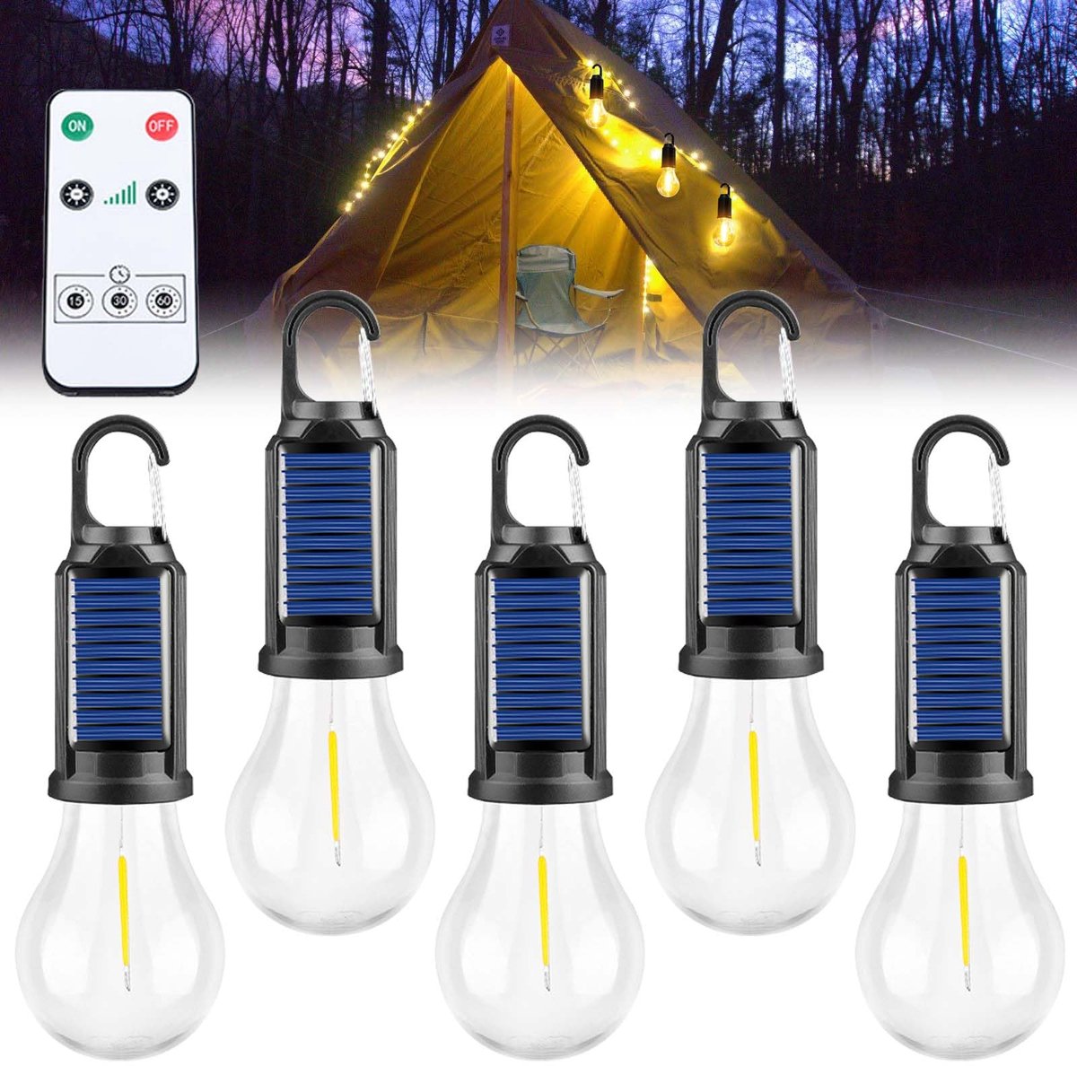 Campinglamp oplaadbaar - 5 stuks led-campinglampen - zonne-energie - veelzijdige tentverlichting - ShopVlot