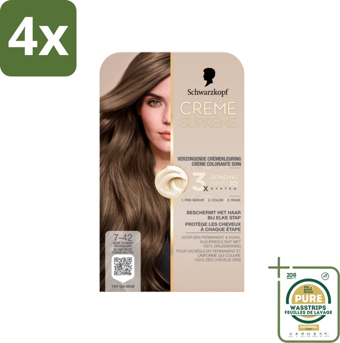 Schwarzkopf - Haarkleuring - Creme Supreme 7-42 - Nude Donker Beigeblond - 245g - Voordeelverpakking - 4 stuks - Grijsdekking - Haarkleur 7-42