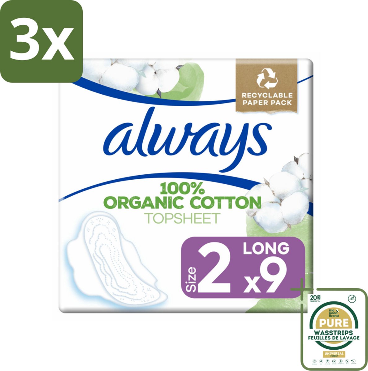 3 x Always - Maandverband - Long - Cotton Protection - Met Vleugels - 9 Maandverband - Grootverpakking - Maandverband - Katoen - Bescherming - Menstruatie - Vleugels