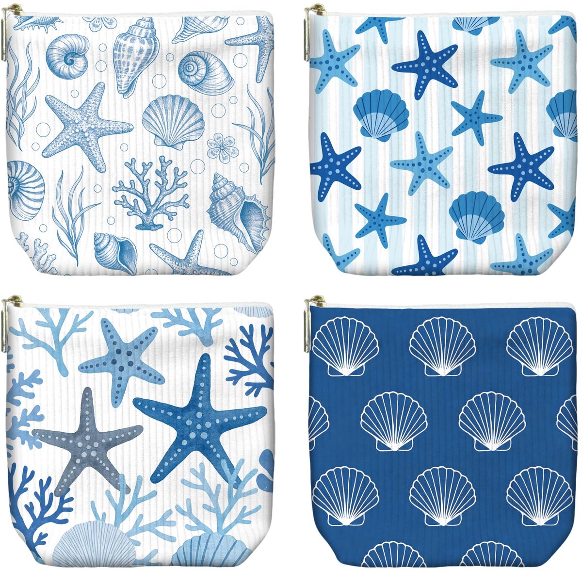 Make-uptassen set van 4 - corduroy - zeesterren en schelpen - ideaal voor handtassen - ShopVlot