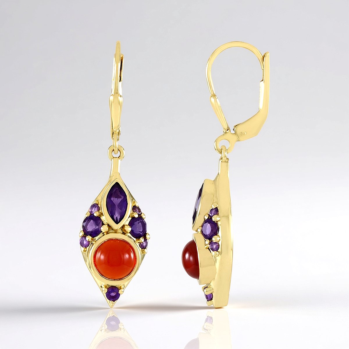 Cavill - Zilveren Oorbellen met Rode Carneool en Amethist - 925 Sterling Zilver Verguld - Rode Cabochon 1,8 ct - Elegante Oorbellen 38 mm