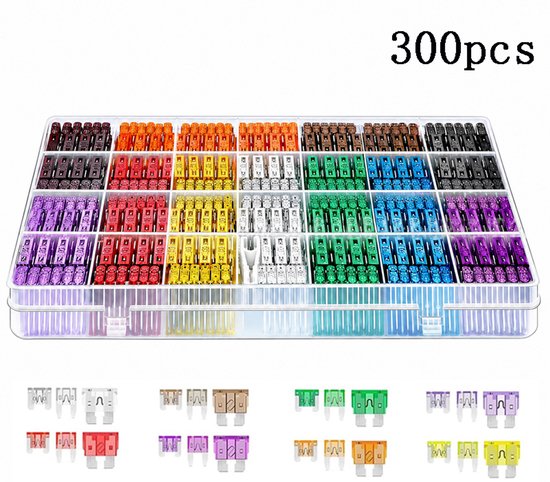 300 stuks assortiment steekzekeringen in diverse kleuren en ampères, georganiseerd in een transparante koffer.