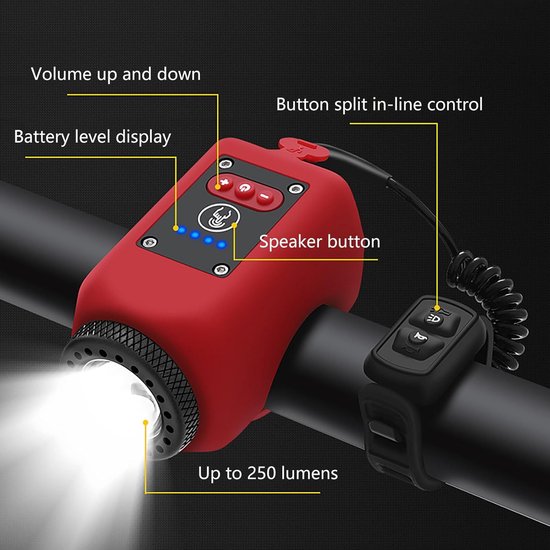 Fietslamp - Fietslamp USB Oplaadbaar - Waterdicht Fietslicht - Fietsverlichting - Elektrische Fietsclaxon Met Fietsverlichting - 110 Db - Zwart - MTB & Racefiets Verlichting - oplaadbaar LED fietslicht USB oplaadbaar met claxon - Veilig Fietsen — afbeelding 4