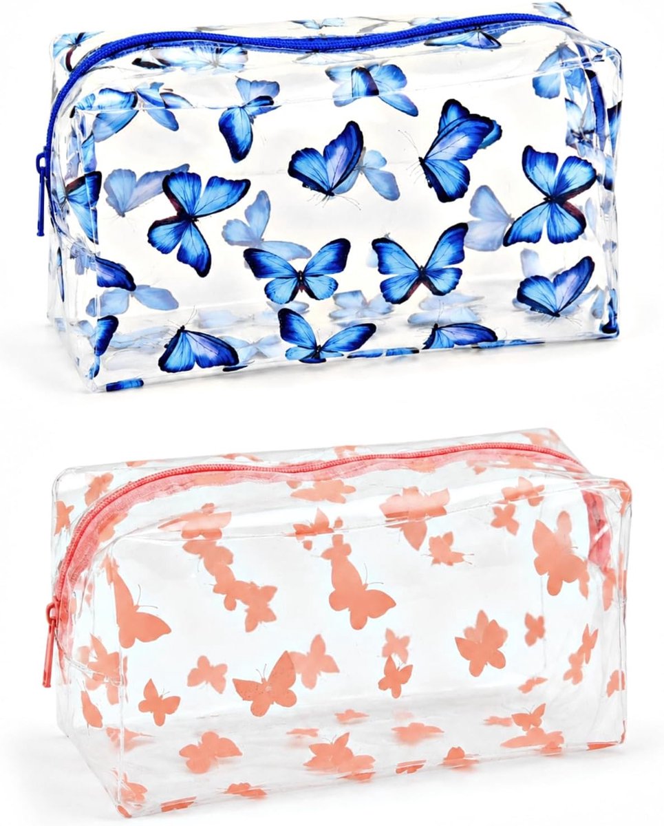 Cosmeticatas transparant set van 2 - vlindermotief in blauw en roze - waterdicht - ideaal voor handbagage - ShopVlot