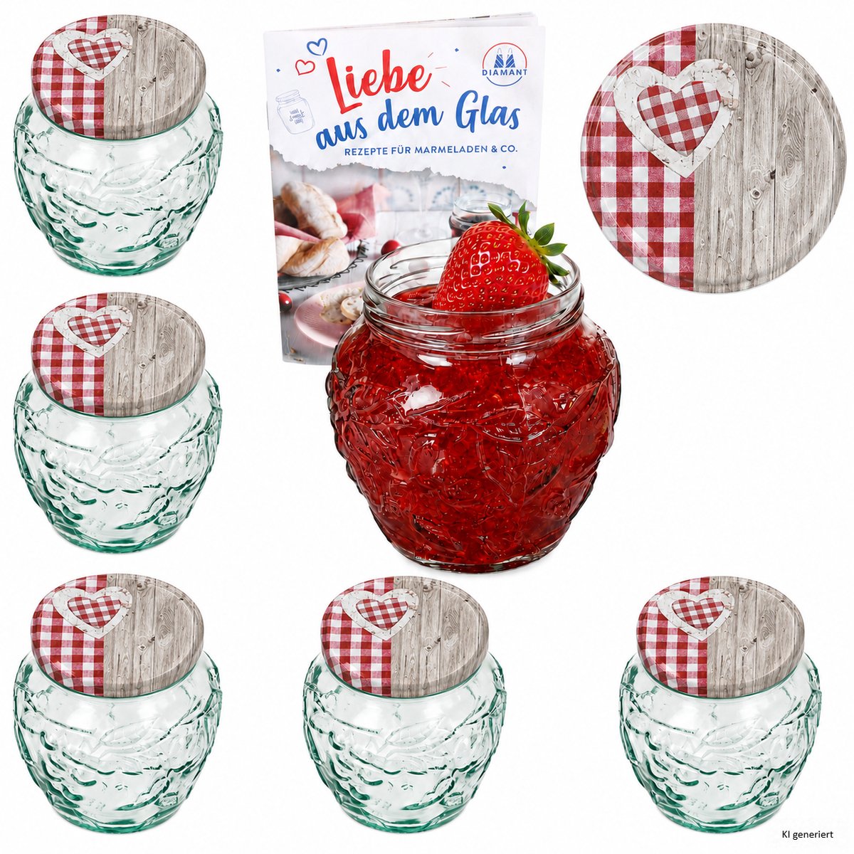 6-delige set jamfles 580ml FRUTTA VASO met fruit-relief + TO82 deksel houten hart rood