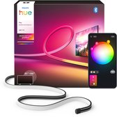 Doos van de Philips Hue Play Gradient Lightstrip met een weergave van de strip die rond een tv is bevestigd en een smartphone met de Hue app.