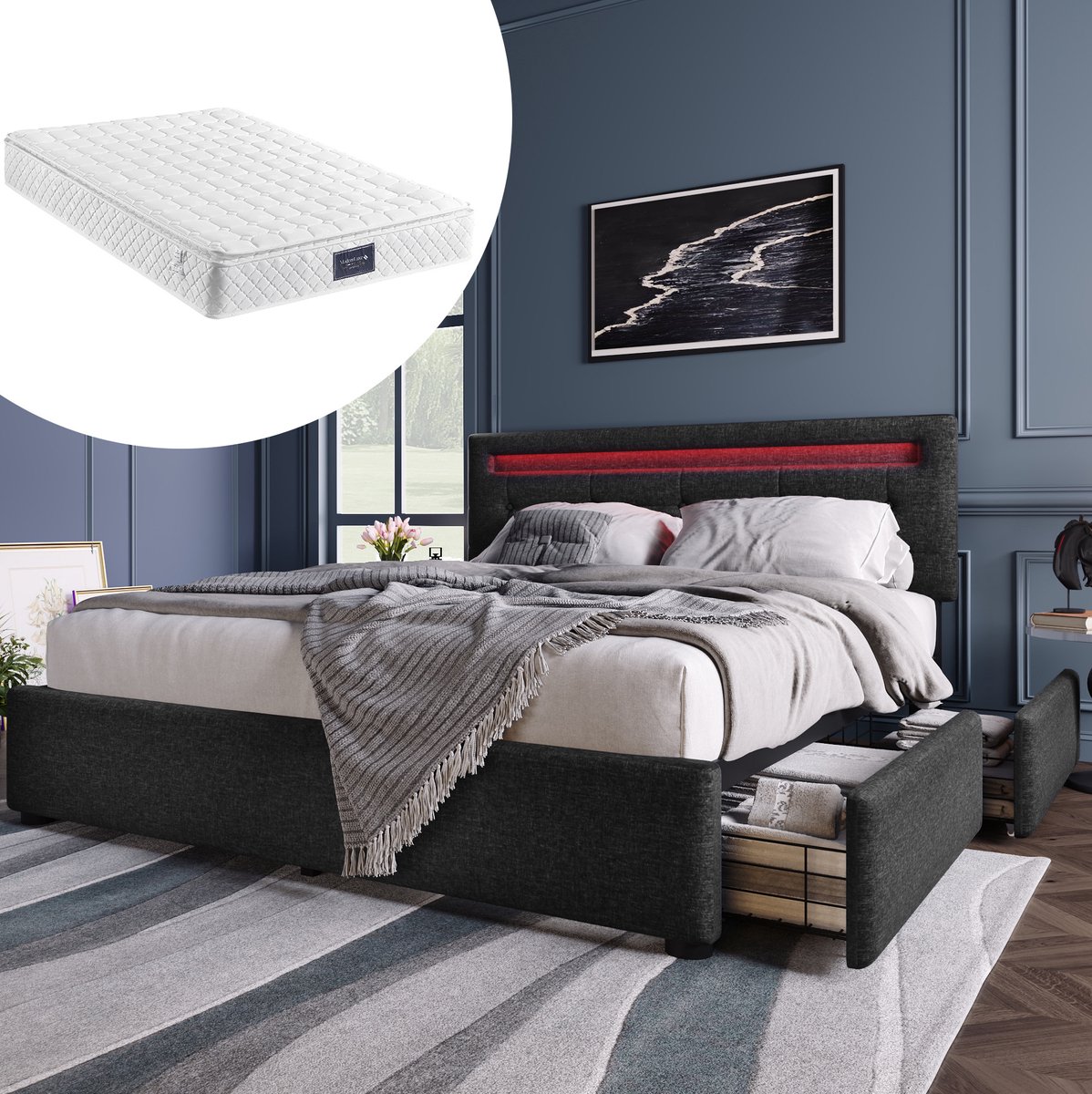 Gestoffeerd Bed 140x200 cm - Tweepersoonsbed Met LED-Verlichting en 4 Laden - Met Verstelbaar Hoofdbord - Met Matras - Stof - Zwart