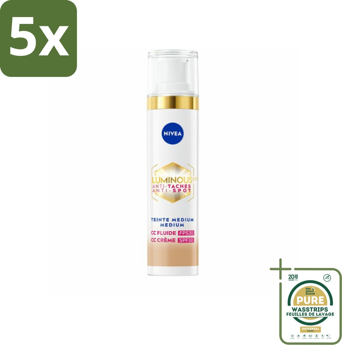 5 x NIVEA - Cellular LUMINOUS630 CC Crème Medium - Gekleurde Dagcrème - Tegen Pigmentvlekken - SPF 30 - 40 ml - Grootverpakking - Pigmentvlekken - Zonbescherming - Huidverzorging - CC Cream - Stralende Huid