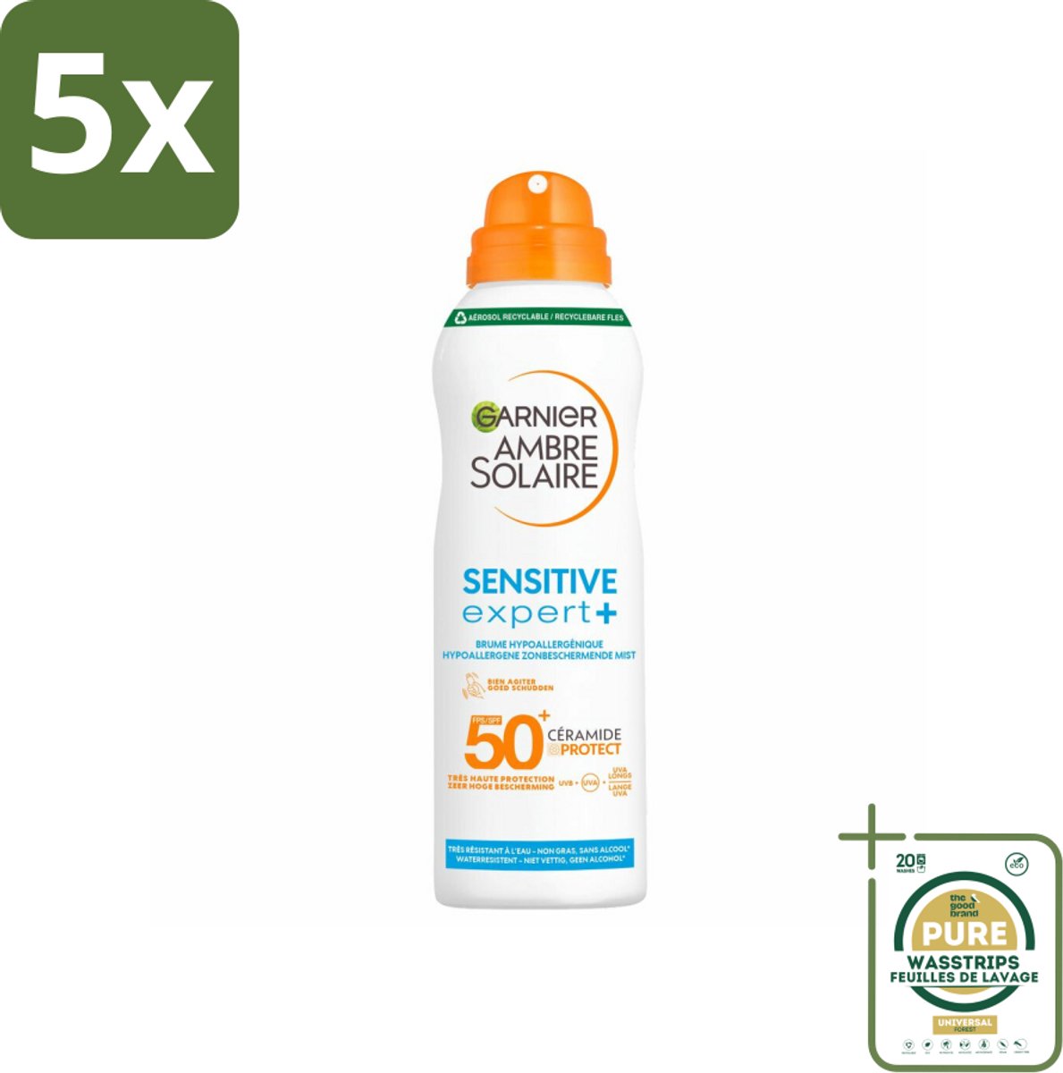 5 x Garnier - Ambre Solaire - Mist Spray - Sensitive Expert+ - SPF 50+ - 150 ml - Grootverpakking - Zonnescherm Mist Spray - Gevoelige Huid - SPF 50+ - Ceramide Protect - Karitéboter