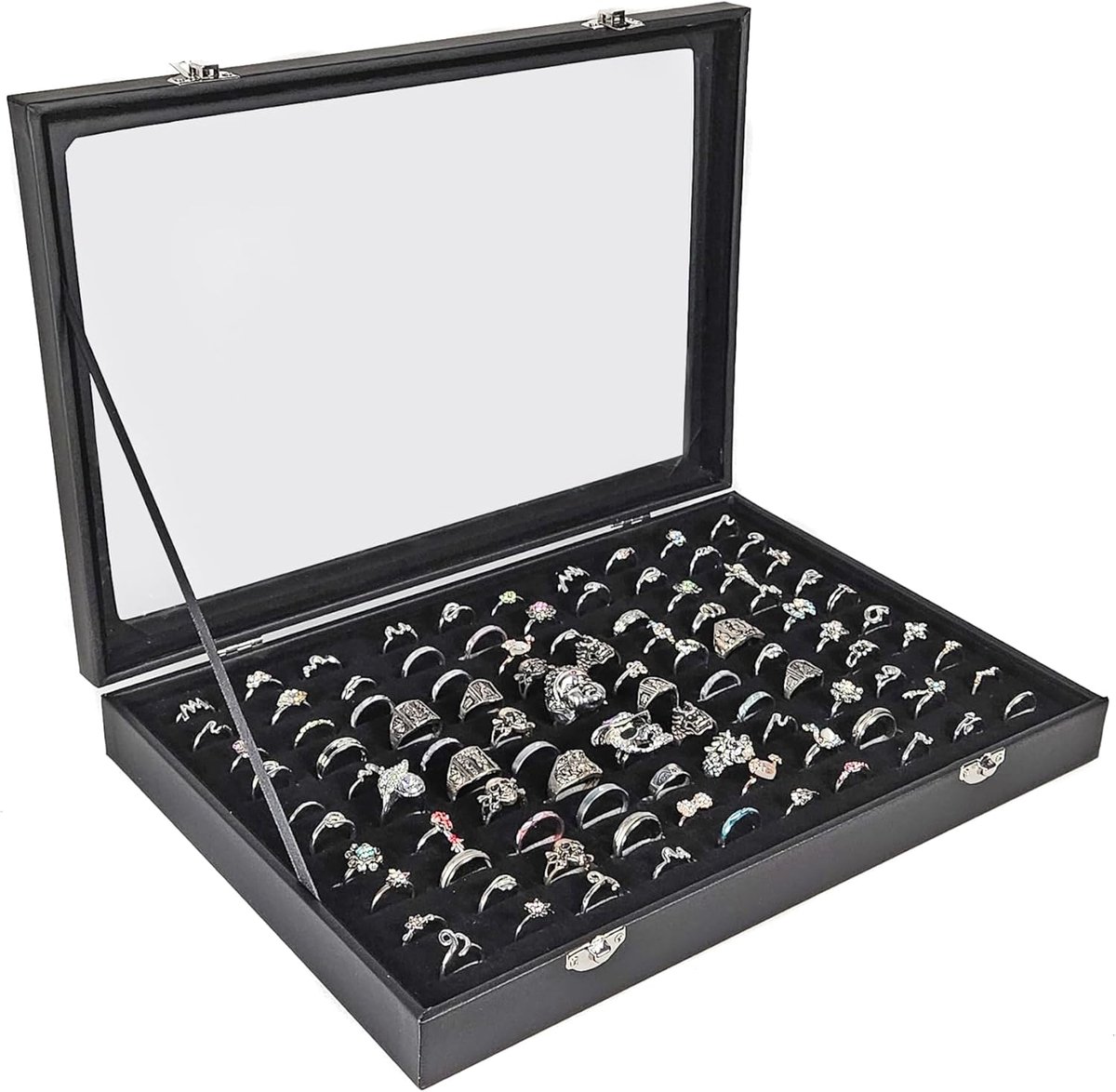 Yudu Display cabinet with glass lid and 100 slots for wide rings, black - ShopVlot