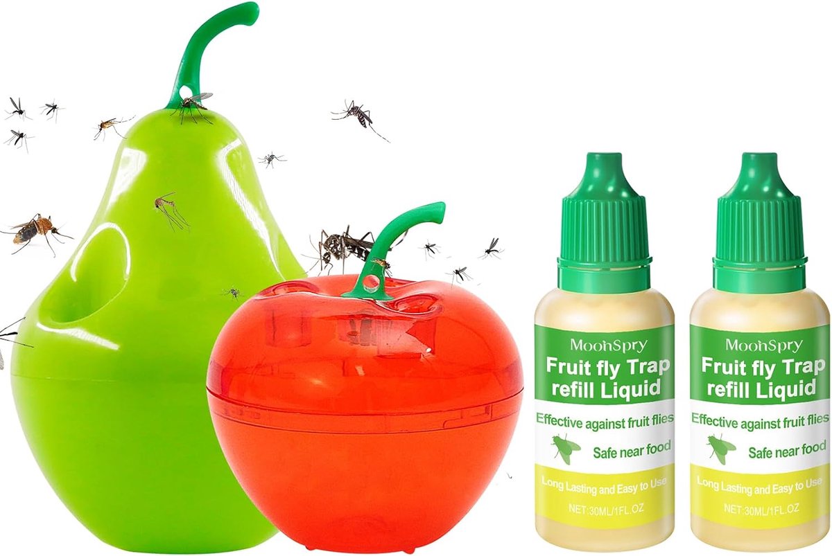 SnelShoppen - 2 x Herbruikbare Fruitvliegval met 2 x 30 ml Aantrekkingsmiddel | Effectieve Fruitvlieg Trap voor Keuken, Eetkamer en Pantry