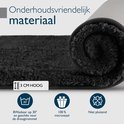 Donkergrijze, hoogpolige badmat, 3 cm hoog, wasbaar op 30° en geschikt voor de droogtrommel, 100% microvezel.