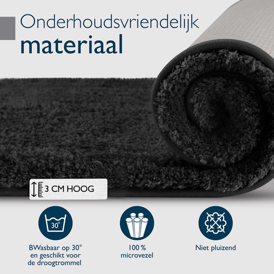 Donkergrijze, hoogpolige badmat, 3 cm hoog, wasbaar op 30° en geschikt voor de droogtrommel, 100% microvezel.