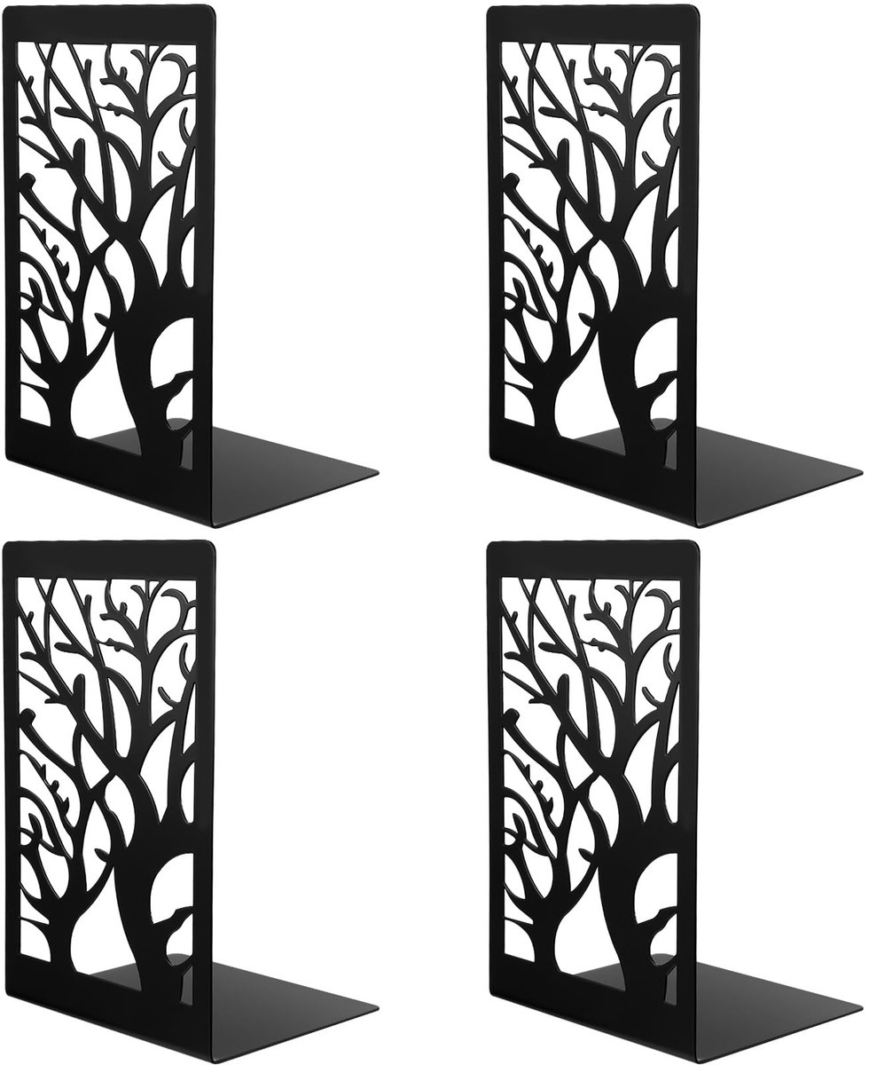 Famanu Boekensteun set van 4 stuks, metalen boekensteunen in zwart, voor planken en boekenstopper voor kantoor, thuis en school (12 x 16 x 9,5 cm