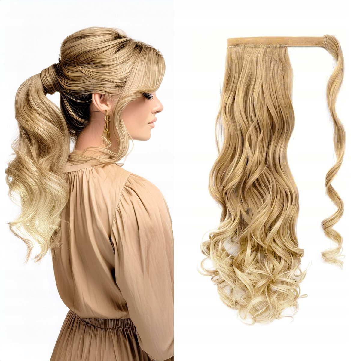 Merkloos Krullende Paardenstaart Ombre Blond 60cm 140g Synthetisch