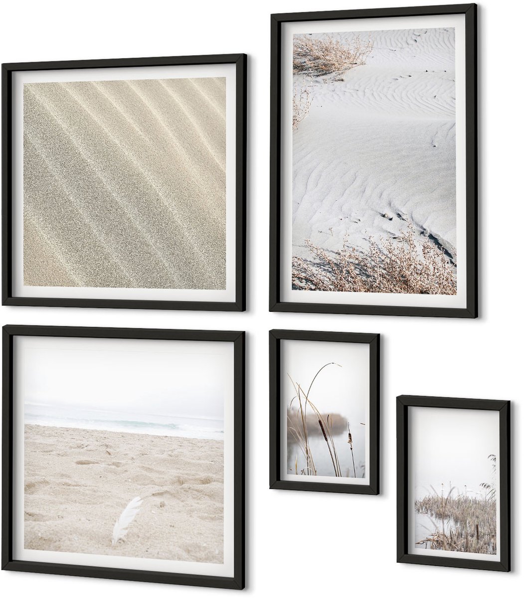 Coloray 5-Delige Schilderij Set - Minimalistische Strand, Natuur- En Zandmotieven - 50 x 50 cm, 20 x 30 cm En 40 x 60 cm - Wanddecoratie - Woonkamer Decoratie - Stijlvolle Muurdecoratie Zwarte lijst