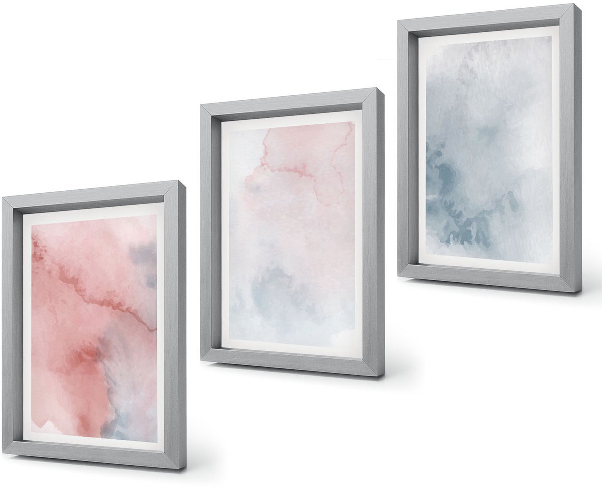 Coloray 4-Delige Schilderij Set - Pastelkleurige aquarelverf op canvas met kleurrijke texturen - 20 x 30 cm - Decoratieve Muurdecoratie - Slaapkamer - Decoratieve Schilderijen Zilveren lijst