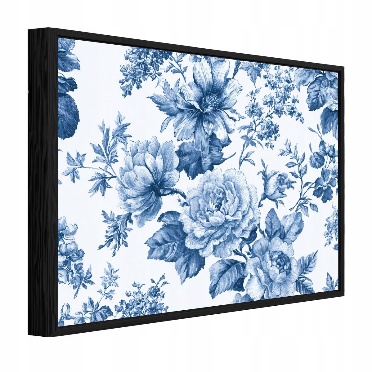 WALLARENA Schilderij op canvas met zwarte lijst - 60x40 cm - blauwe pioenrozen in boho-stijl - voor slaapkamer en woonkamer