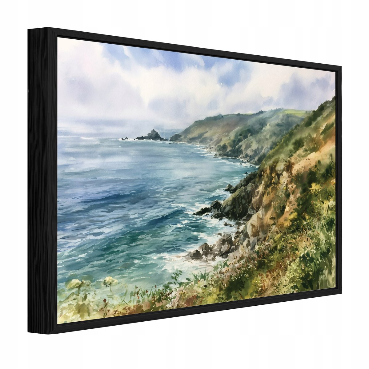 WALLARENA Schilderij op canvas met zwarte lijst - 60x40 cm - zeelandschap met kliffen - voor slaapkamer en woonkamer Blauw