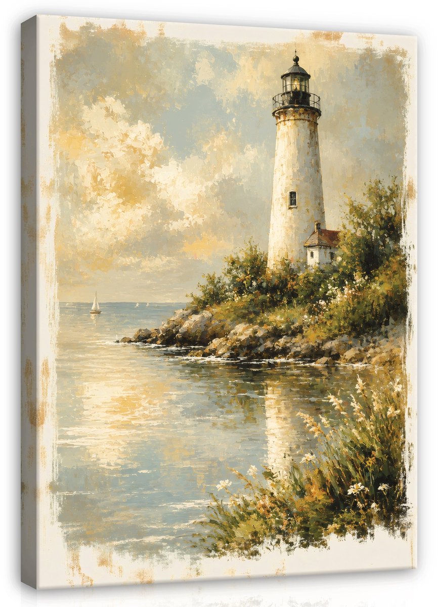 WALLARENA Schilderij op canvas - 60x40 cm - zee en vuurtoren in vintage stijl - wanddecoratie voor woonkamer en slaapkamer Beige