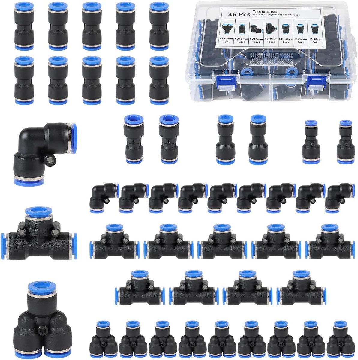 Pneumatische plugconnectoren set 46-delig - 10 mm - recht, hoek, Y, T koppeling - ideaal voor gasinstallaties - ShopVlot