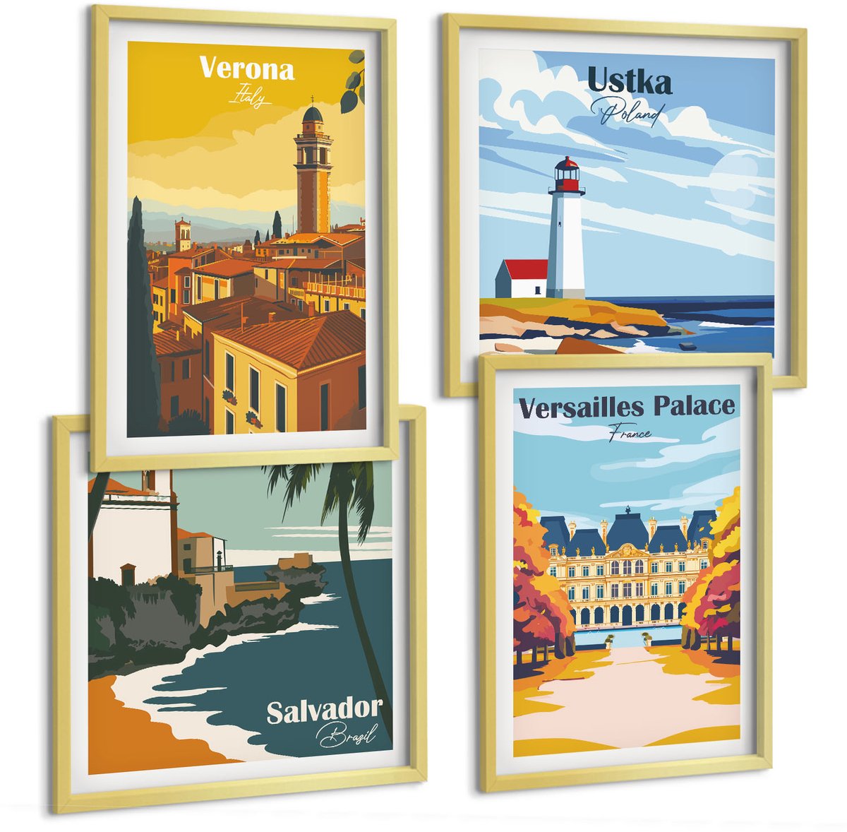 TULUP 4-Delige Schilderij Set - Uitzichten op beroemde plekken aan zee en in steden - 40 x 40 cm en 40 x 60 cm - Wanddecoratie - Moderne Interieurdecoratie Gouden lijst