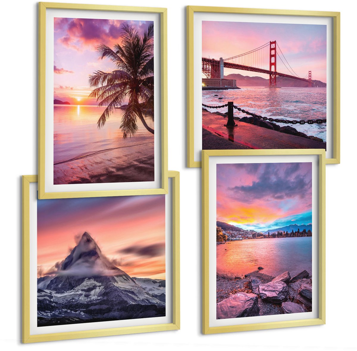 TULUP 4-Delige Schilderij Set - Zonsondergangen boven de brug en het waterlandschap - 40 x 40 cm en 40 x 60 cm - Decoratieve Muurdecoratie - Slaapkamer - Decoratieve Schilderijen Gouden lijst