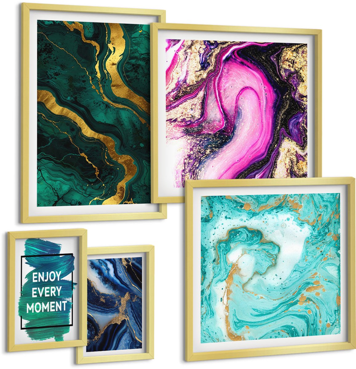 TULUP 5-Delige Schilderij Set - Abstracte patronen in tinten groen en paars. - 50 x 50 cm, 20 x 30 cm en 40 x 60 cm - Wanddecoratie - Muurdecoratie - Moderne Interieurdecoratie Gouden lijst
