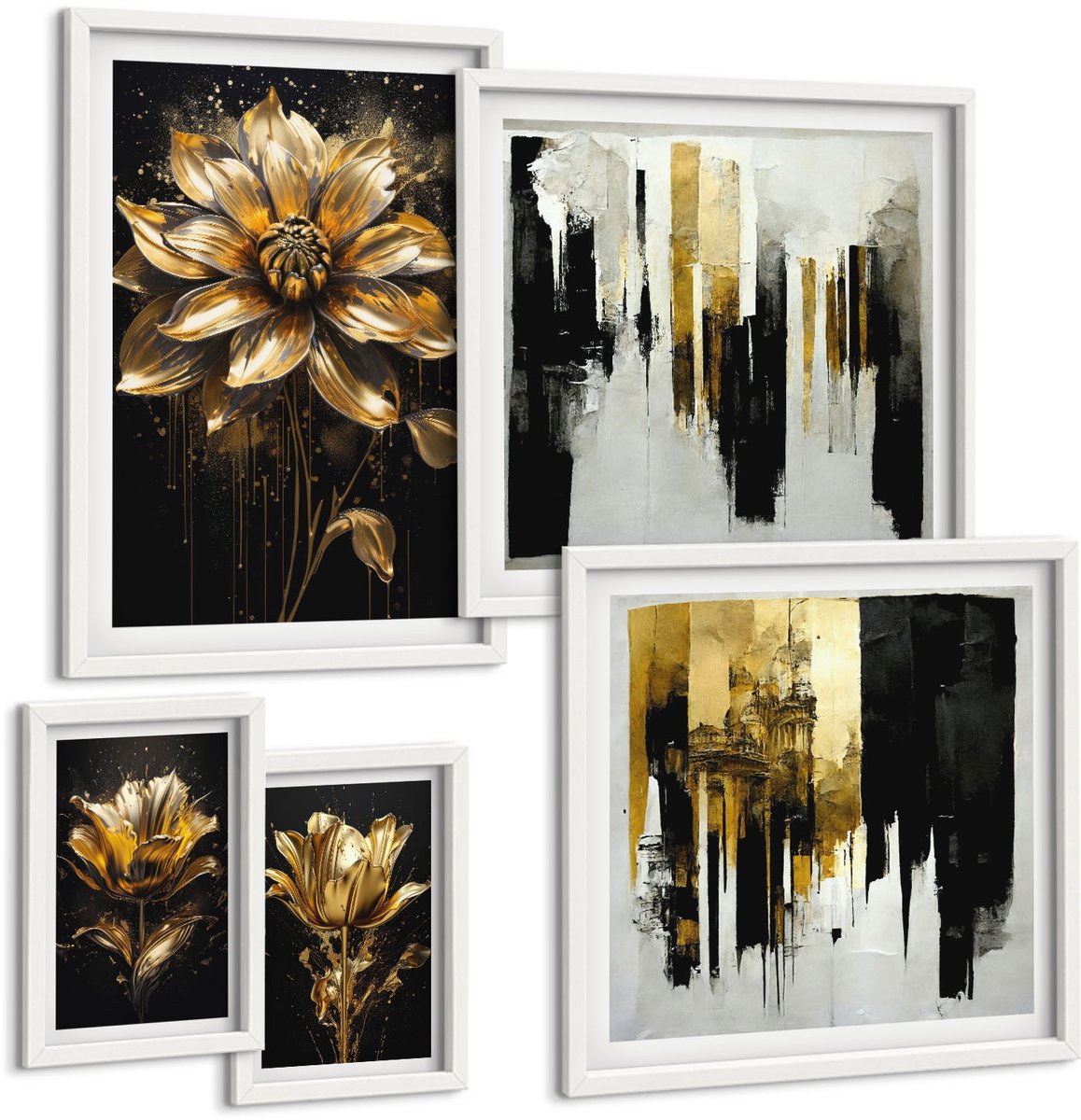 Tulup 4-Delige Schilderij Set - Bloemmotieven in een elegante, moderne stijl. - 50 x 50 cm, 20 x 30 cm en 40 x 60 cm - Moderne Wanddecoratie - Woonkamer