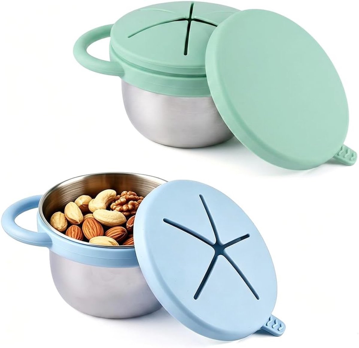Snackbox - Groen - Roestvrijstalen Snackcontainer met Siliconen Deksels - Voor Snacks en Opberging