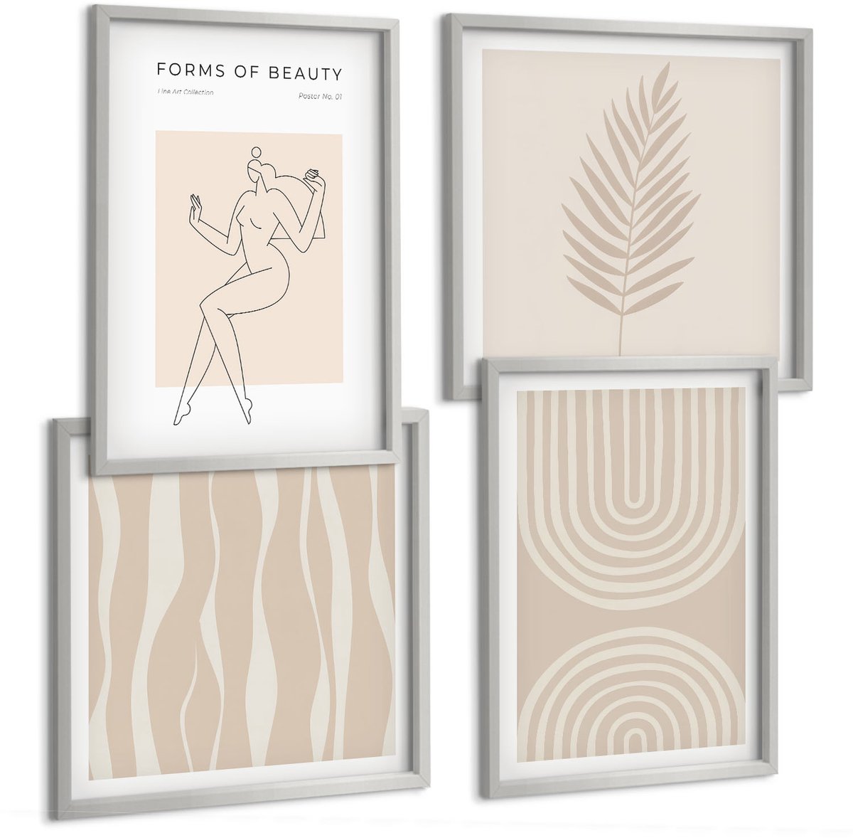 TULUP 4-Delige Schilderij Set - Abstracte patronen, delicate boho-decoraties - 40 x 40 cm en 40 x 60 cm - Wanddecoratie - Muurdecoratie - Moderne Interieurdecoratie Zilveren lijst